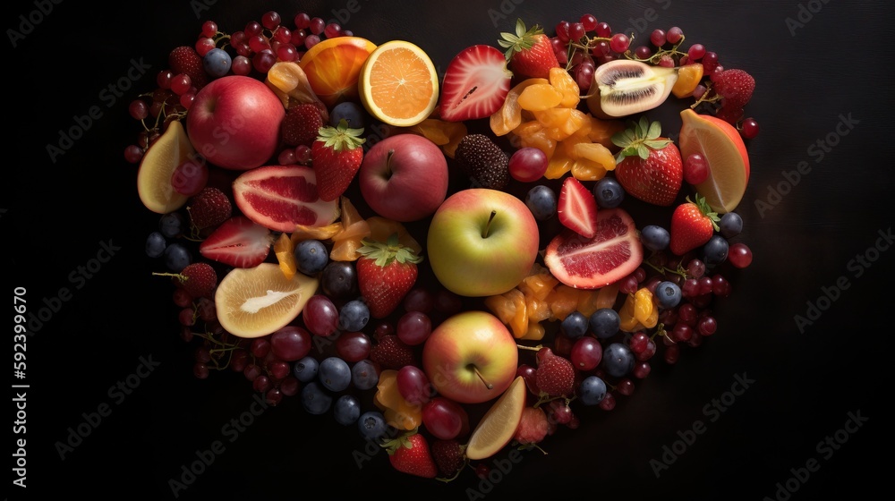 Poster a heart shaped arrangement of fruits and berries on a black background with space for text or image 