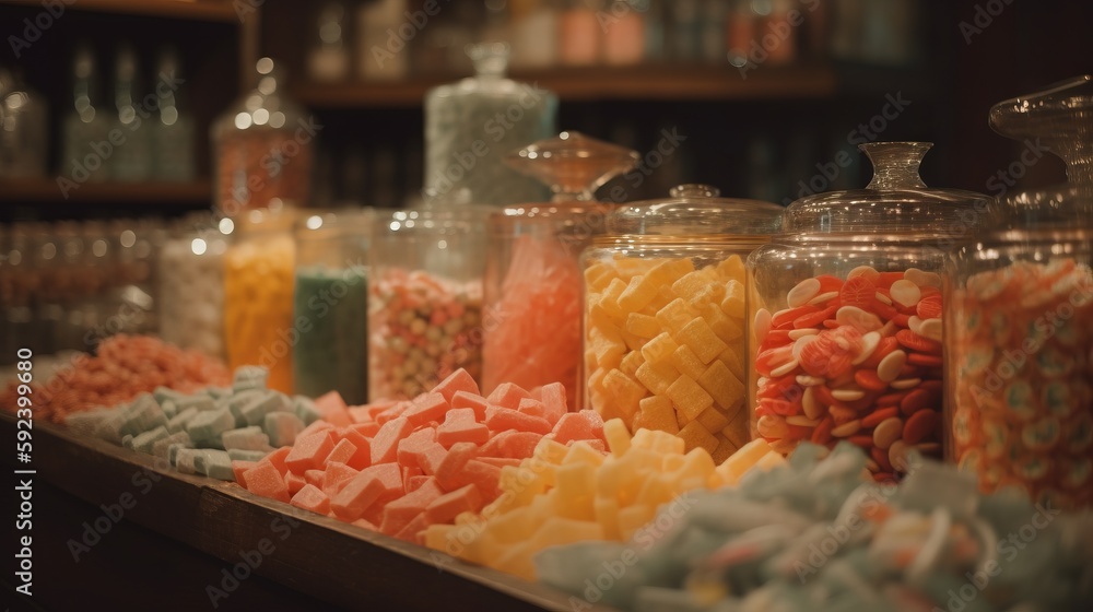 Poster a variety of candies are on display in glass jars on a shelf in a store or store front window, with 