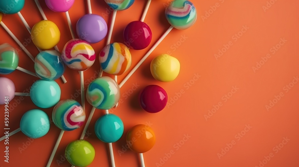 Poster a bunch of colorful lollipops on a stick on an orange background with a red background and a white s