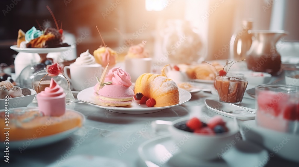 Poster a table topped with lots of different types of cakes and desserts on top of plates and bowls of food