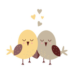 Vector illustration with cute cuddling birds. Flat style, stylish calm colors