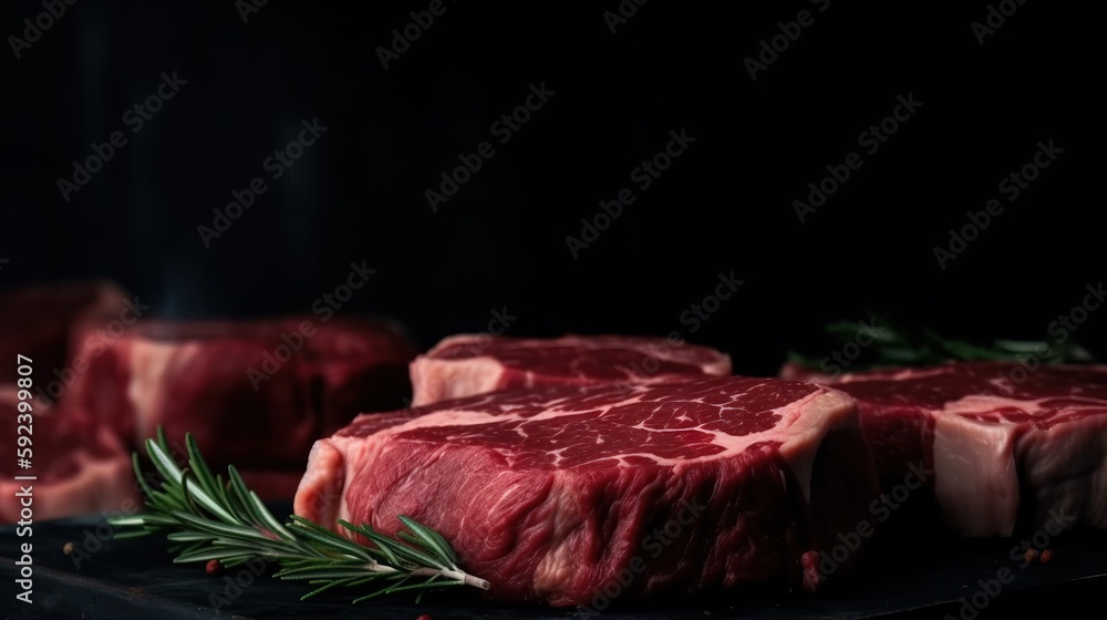 Poster a close up of a steak on a cutting board with a sprig of rosemary on the side of the steak and anoth