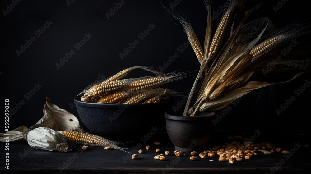 Poster a black bowl filled with corn next to a corn cob and a corn cob on a table next to a corn cob. gener