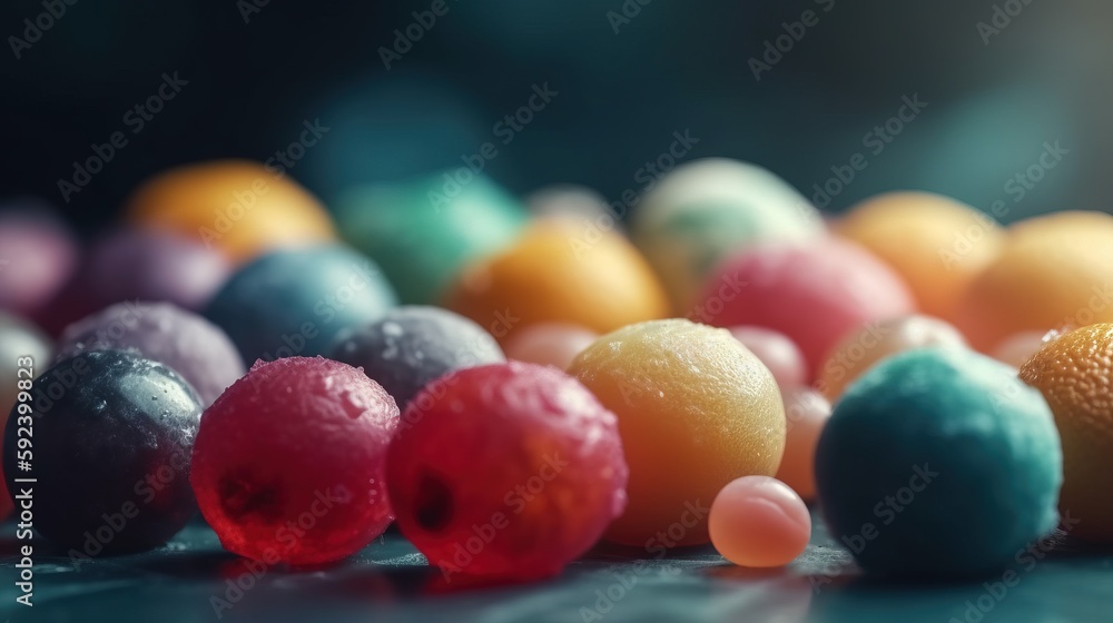 Poster a group of candies sitting on top of a table next to a pile of oranges and blueberries on top of a t