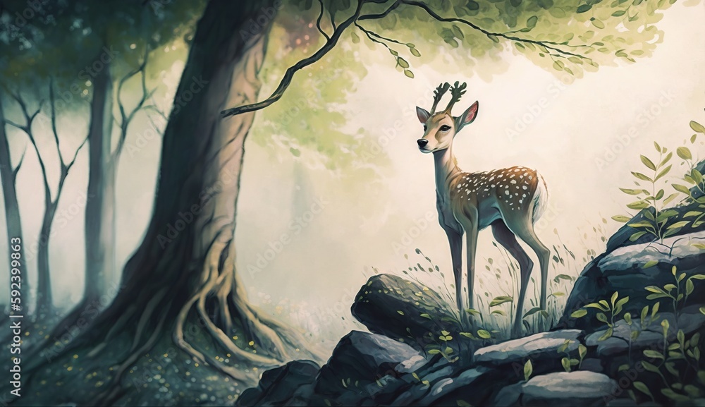 Poster a painting of a deer standing in a forest with rocks and trees in the foreground and a sun shining t