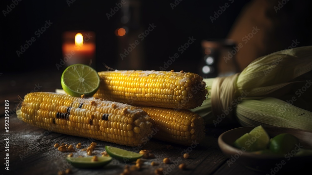 Aufkleber a close up of corn on the cob with limes and a candle in the backgrouf of the image and a candle on 