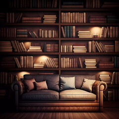  books are on the bookshelf. A big library. Home library. Bookshelf. Sofa and lamp. Generative AI