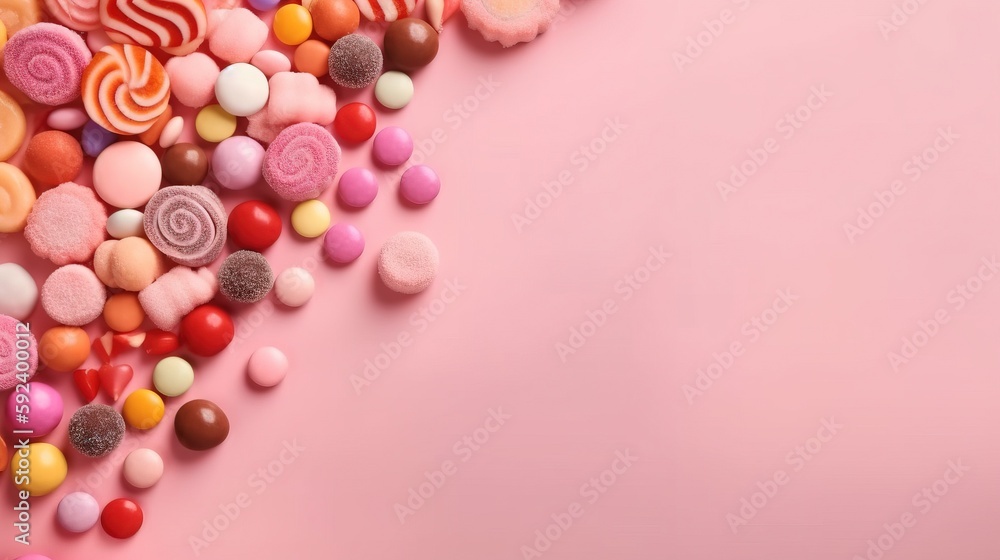 Poster a pink background with lots of different candies and lollipops on top of each other and a pink backg