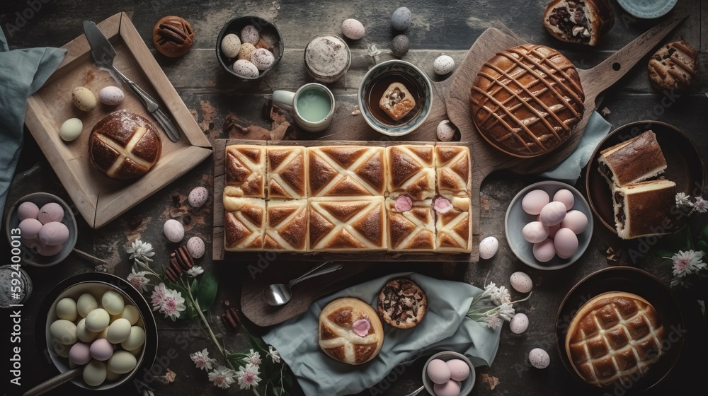Poster a table topped with lots of different types of cakes and bundts next to plates of eggs and other foo