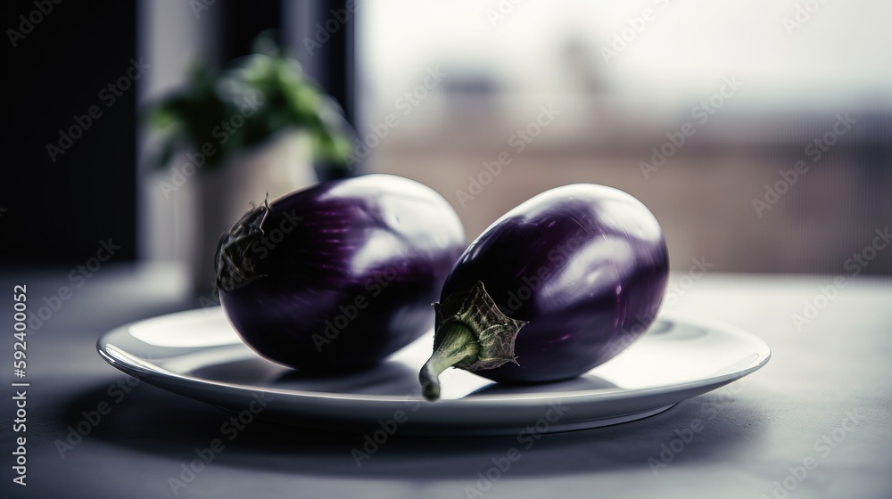 Poster two onions are on a plate on a table next to a plant in a vase on a window sill in a dark room with 