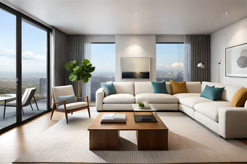Fototapeta premium Interior design of a serene and calming living room that incorporates soft lighting, muted colors, and minimalist decor | Generative AI