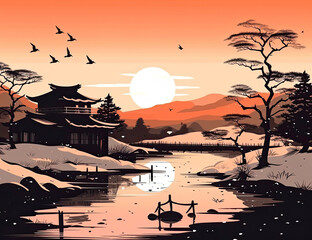 Japanese Winter Sunset Background, Anime, Manga, Cartoon, Illustration. Generative AI