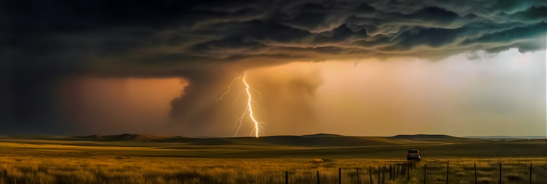 a auto standing in a field in front of a storm, lighning storm, dramatic lightening, lightning storms, generative ai