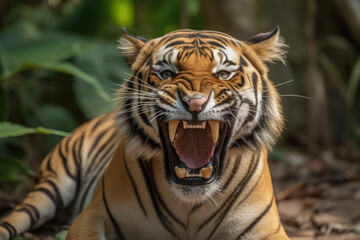 Fototapeta premium angry tigress with ears back and showing teeth looking at camera.