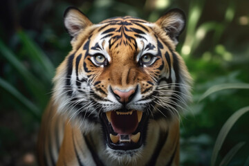 Fototapeta na wymiar angry tigress with ears back and showing teeth looking at camera.