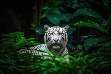 strong white tiger looking at camera.