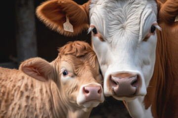 brown cow with furry white and her calf looking at the camera.