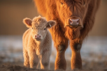 Fototapeta premium brown cow with furry white and her calf looking at the camera.