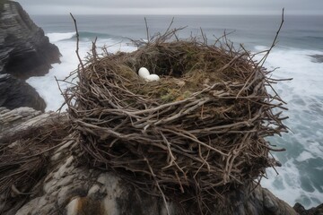 Micronature and Landscape Sea birds' nests, intricate twig construction, lined with feathers, nestled in rocky cliffs, sheltered crevices, safe from predators, diverse species 2 - AI Generative