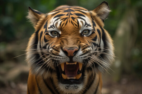 angry tigress with ears back and showing teeth looking at camera.