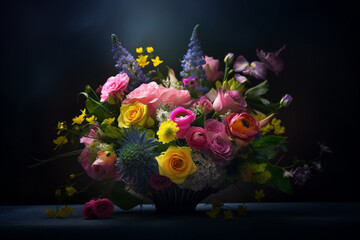 Flowers A bouquet of flowers. Congratulations on the holiday. A bouquet of flowers on a dark background
AI generated