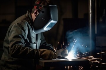 Welder in the metallurgical industry performing welding in his workshop. Generative AI.