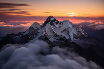 A Birds Eye view of Mount Everest with the peak above the clouds at sunrise. Generative AI.