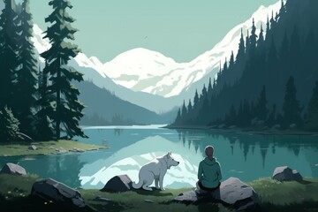 A lake in the mountains surrounded by forrest, boy and white wolf sitting. Generative AI.