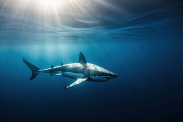 A white shark in a blue ocean. Generative AI.