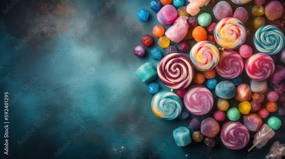 Poster a pile of colorful candies on a dark background with space for a text or image to put on a card or a
