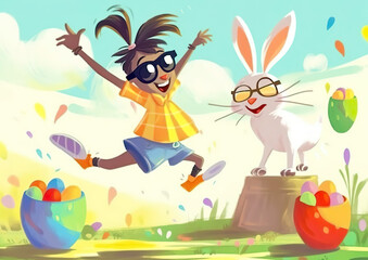 Very happy, smiling bunny cartoon illustration. He is very happy about Easter. Very happy rabbit on the flowery meadow. AI generated illustration with cartoon effect.