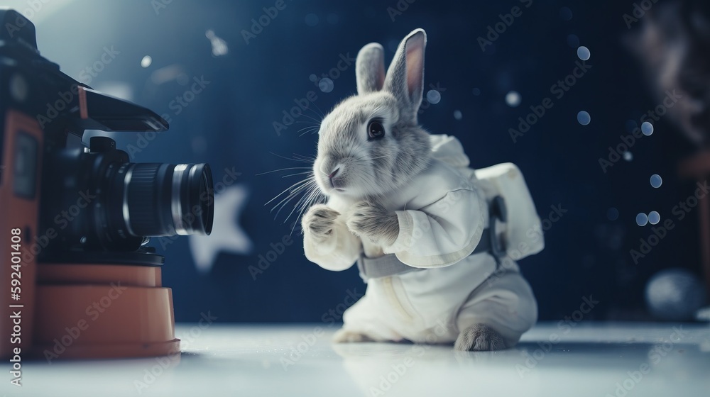 Poster a rabbit dressed in a white outfit is standing in front of a camera and taking a picture of a snowfl