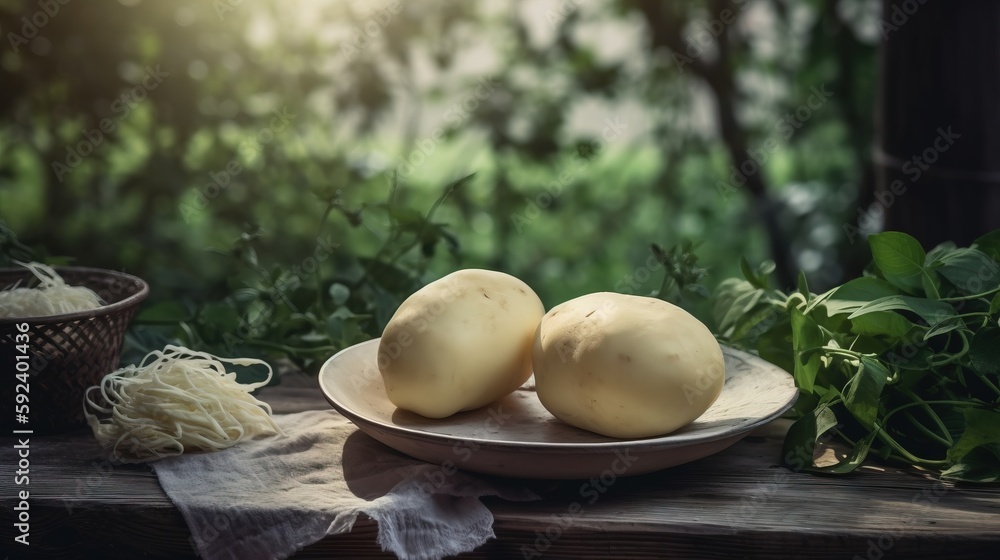 Poster a plate of food on a table with a bowl of noodles and a basket of basil on the table next to it and 