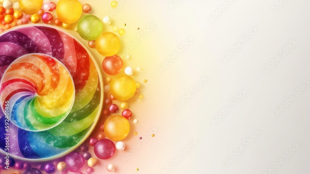 Poster a colorful swirl of balloons on a white background with a rainbow swirl in the middle of the image a
