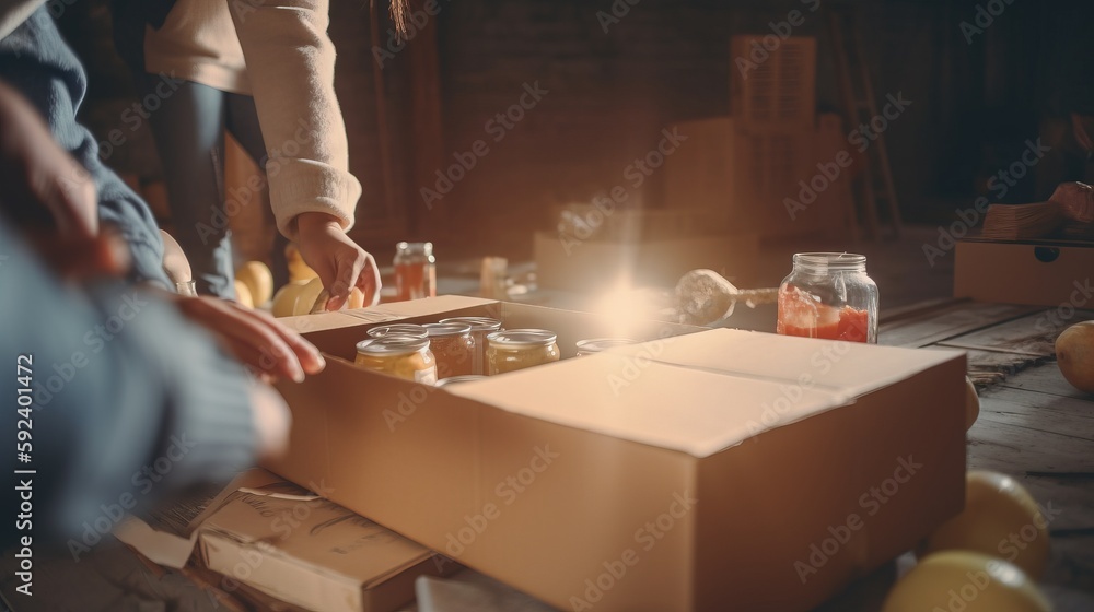 Poster  a person is opening a box with some fruit in it and another person is holding a knife and a box with some fruit in it.  generative ai
