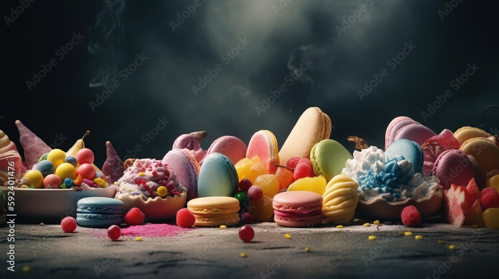 Poster a table topped with lots of colorful macaroni and cheese covered in frosting and sprinkled with colo