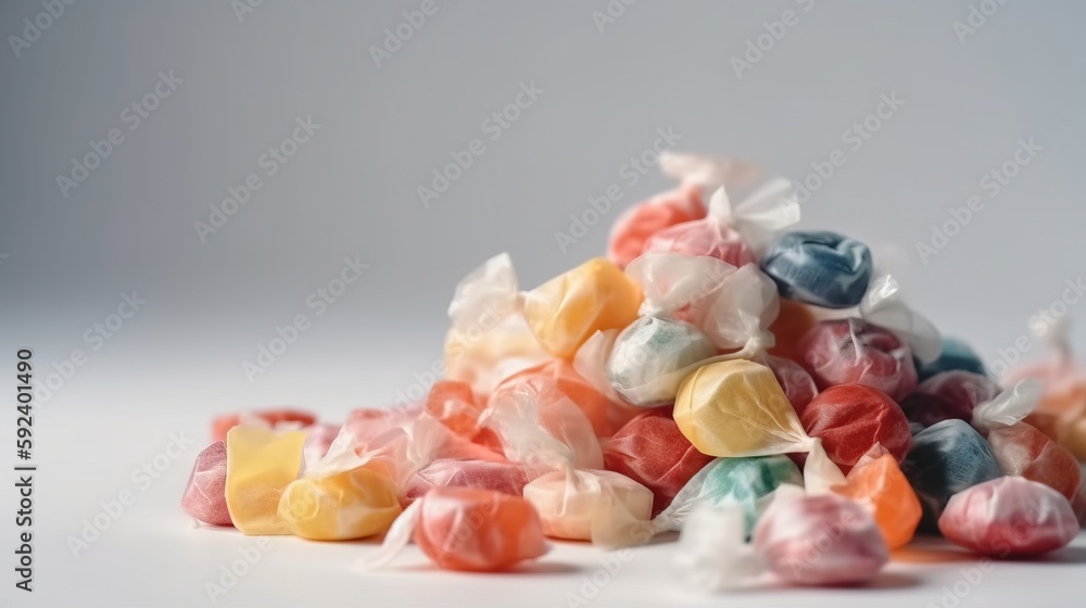 Poster a pile of assorted colored candies on a white table top with a gray background in the middle of the 