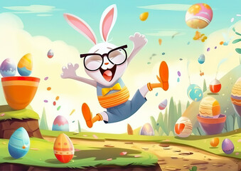 A cheerful cartoon rabbit jumping joyfully in a springtime setting, with colorful Easter eggs flying around and a sunny sky in the background.Happy Easter card.. AI generated.