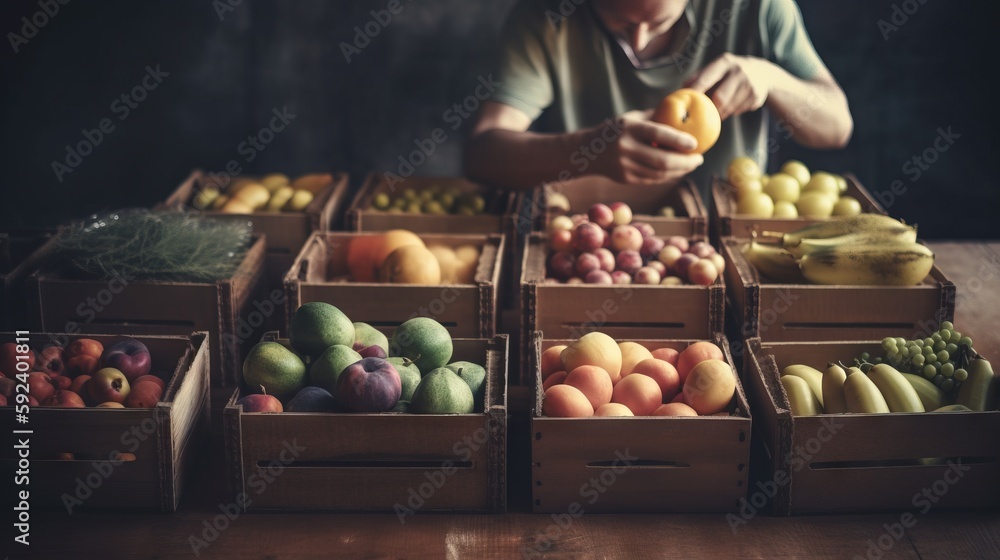 Poster a man sitting at a table with a box of fruit in front of him and several boxes of fruit in front of 