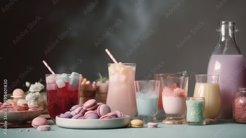 Poster a table topped with lots of different types of drinks and desserts next to each other on top of a bl