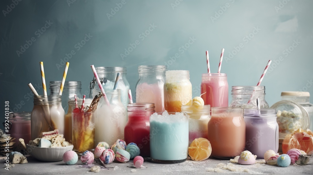 Poster a table topped with lots of different types of drinks and candy in mason jars with straws on top of 