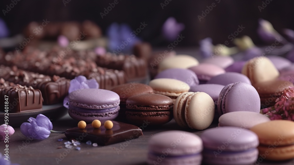 Poster a table topped with lots of different types of macaroons and cookies on top of each other on top of 
