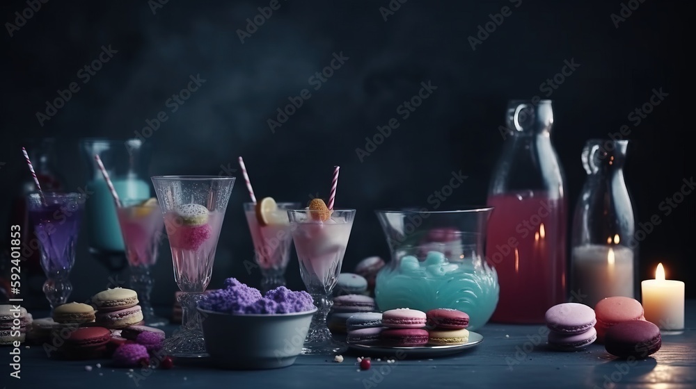 Poster a table topped with lots of different types of drinks and desserts next to a lit candle and bottles 