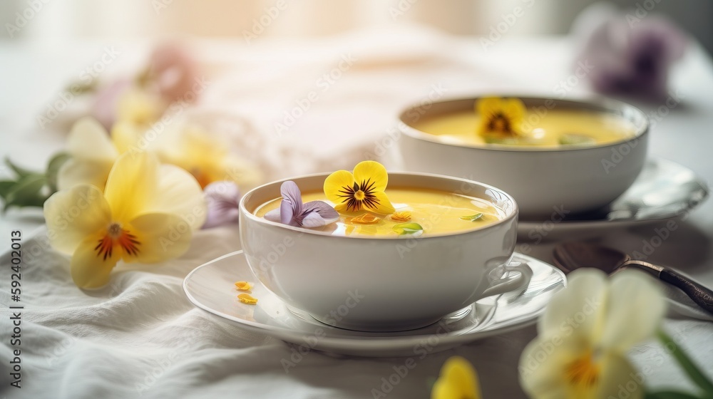 Poster a couple of cups of food on a table with flowers in the middle of it and a spoon in the middle of th