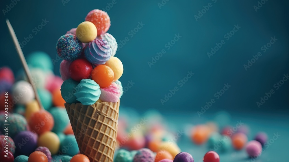 Poster an ice cream cone with colorful candies on it's cone and a pair of tongs sticking out of the top of 