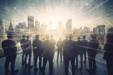 Double exposure image of many business people's conference group meeting on city office building. Concept of teamwork. Generative AI.