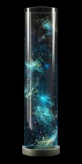 Glass tube contain the oceans, earth, wind, fire, universe with stargazing nebula and stars, galaxies.