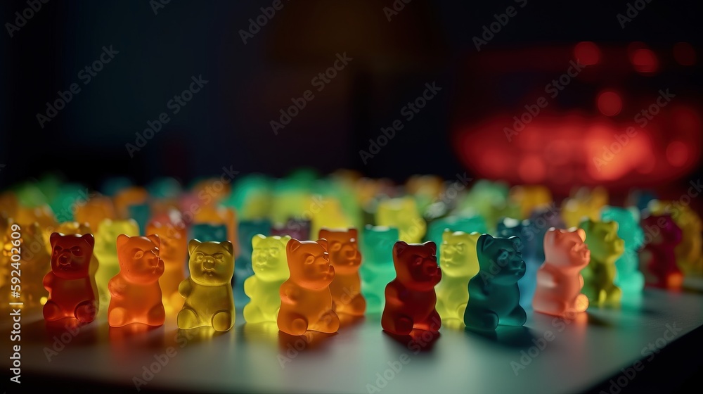 Poster a group of gummy bears sitting on top of a table next to a red light in the background of a room fil