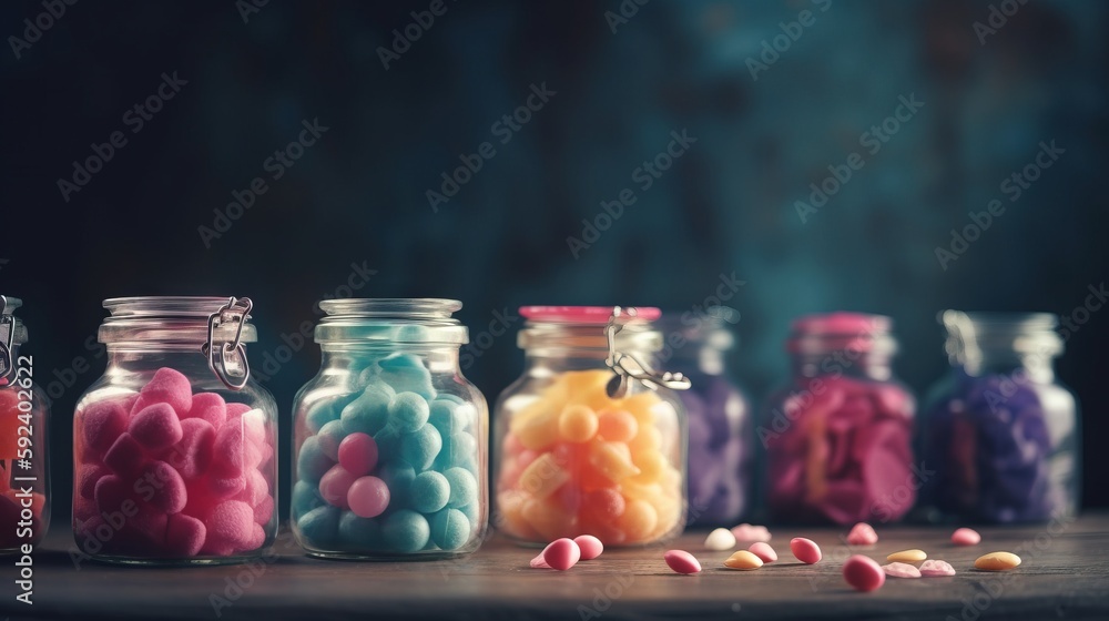 Poster a row of glass jars filled with different colored candies on a wooden table with a black background 