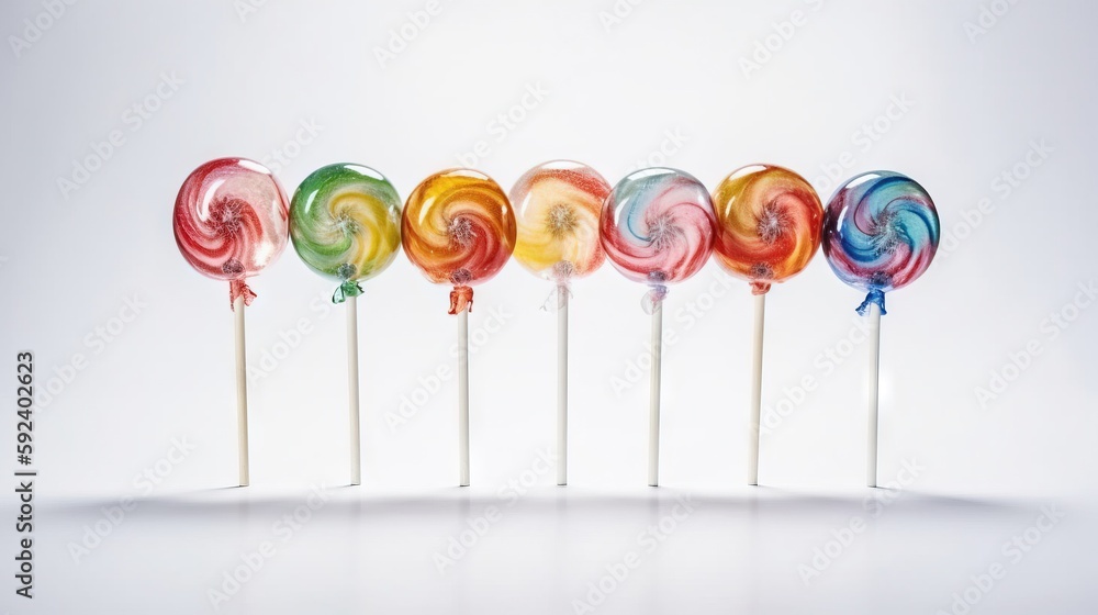 Poster a row of lollipops sitting on top of each other on top of a white table top of a white table top wit